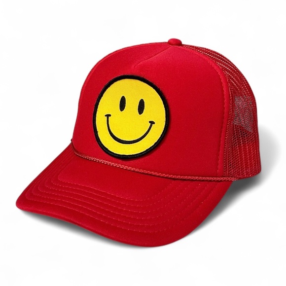 Otto Smiley Face Mesh Back Adjustable Trucker Hat Red OSFM - Picture 1 of 9